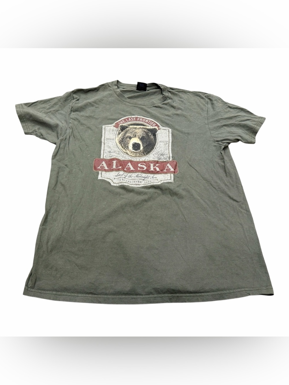 Alaska Grizzly Bear Graphic Tee Adult Size Large Green Cotton T-Shirt
